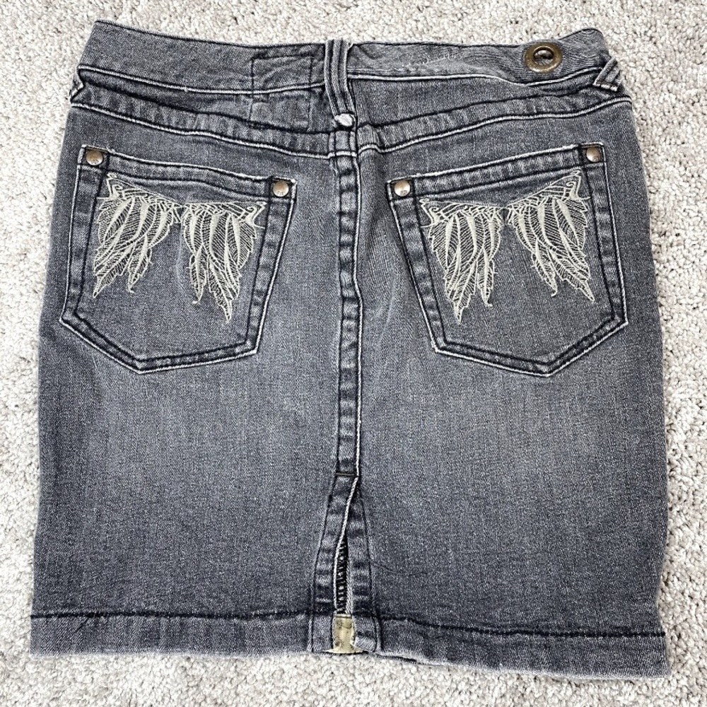 Free People Denim Mini Skirt 27 Embroidered Angel Wings Key Chain Loop Punk Rock
